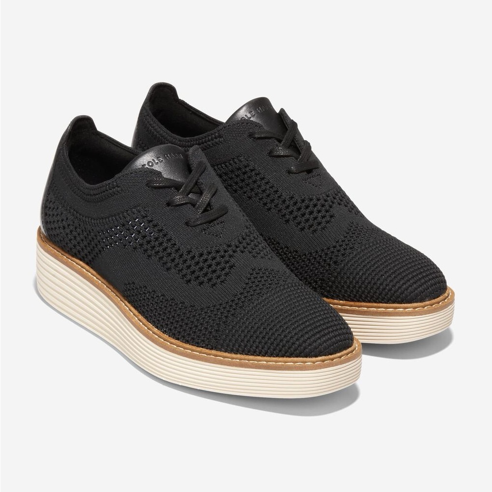 NWT - Size 9B Ladies - Cole Haan - Black Knit Grand City Platform Oxfords